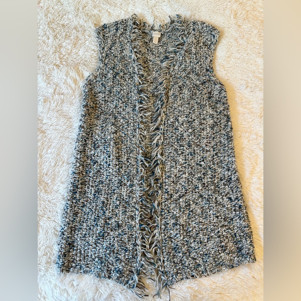 Chico’s Sleeveless Open Front Marled Knit Long Cardigan Vest Blue Brown 2 Large - Picture 1 of 10